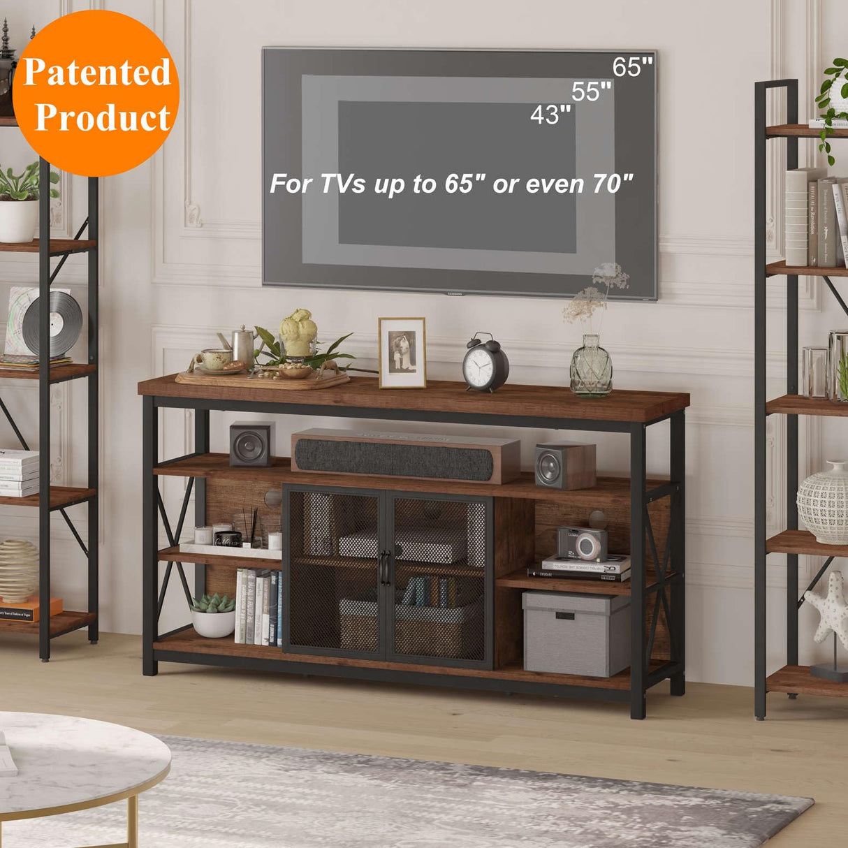 Tall TV Stand for TVs up to 65 Inch, Industrial Wood Entertainment Center with Storage