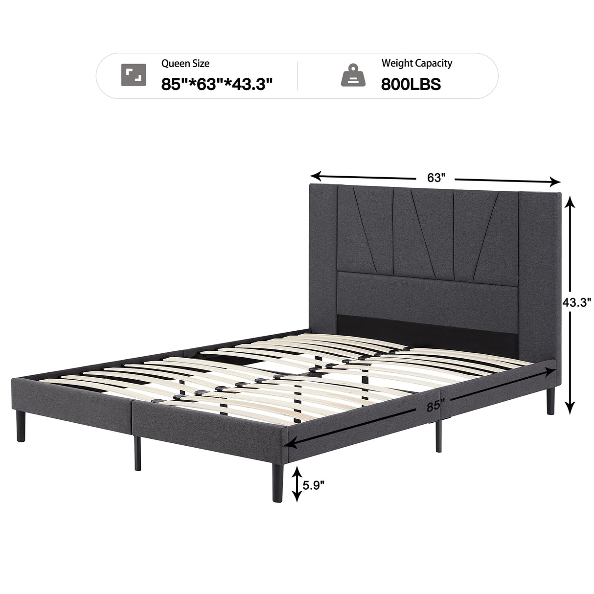 Queen Size Bed Frame Upholstered Platform with Complete Headboard and Strong