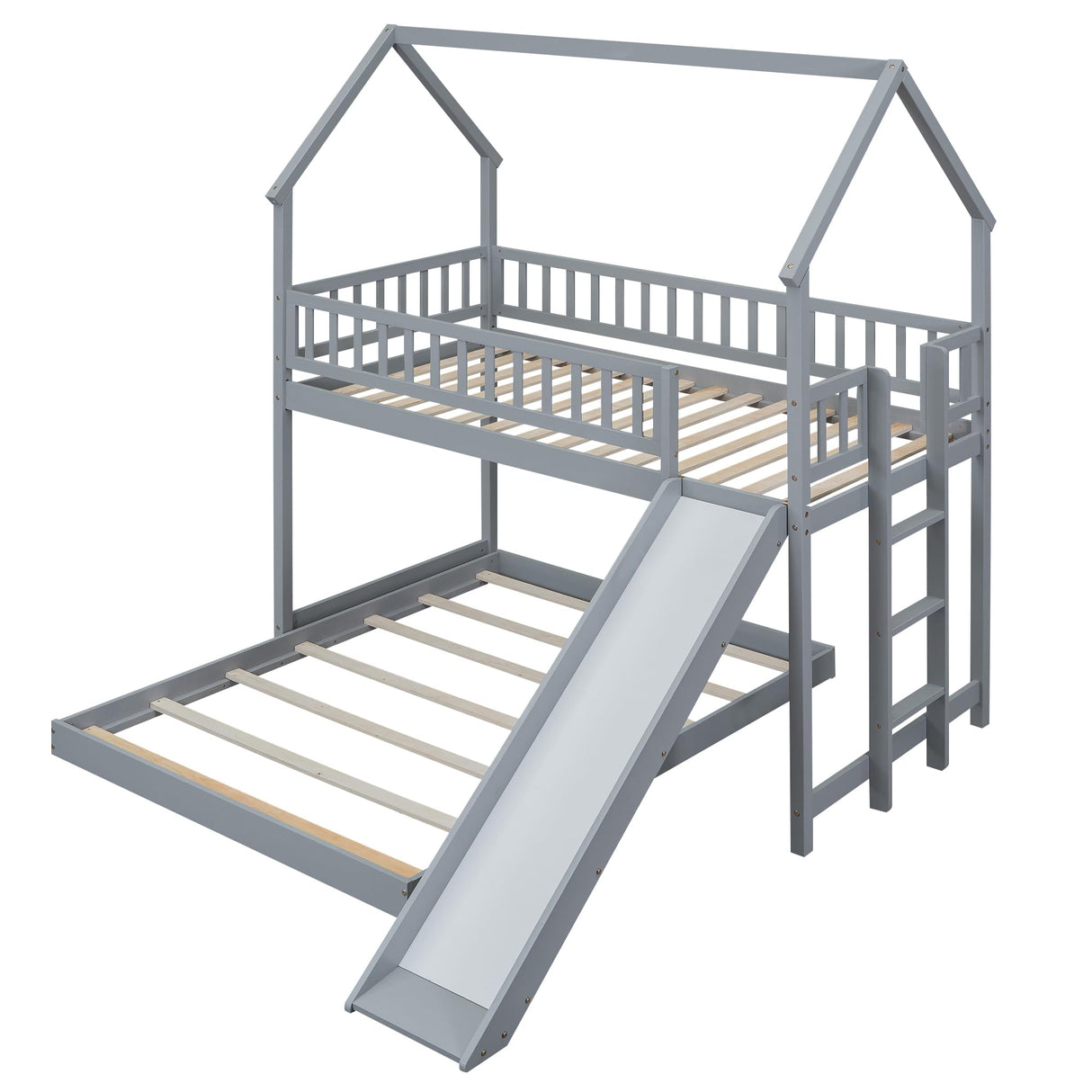 Twin Over Full Bunk Bed with Slide and Built-in Ladder, House Shaped Solid Wood Bunk Beds with Full-Length Guardrail for Kids,Teens, Adults, No Box Spring Required, Gray