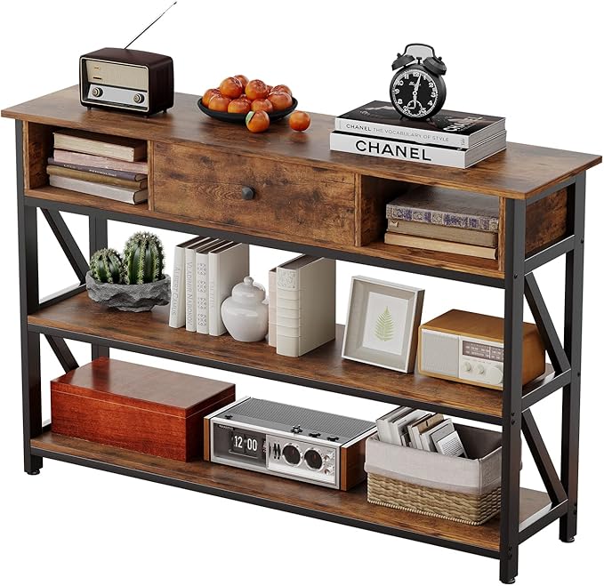 47 Inch Console Sofa Table with Drawer, Industrial Entryway Table with Storage Shelves,