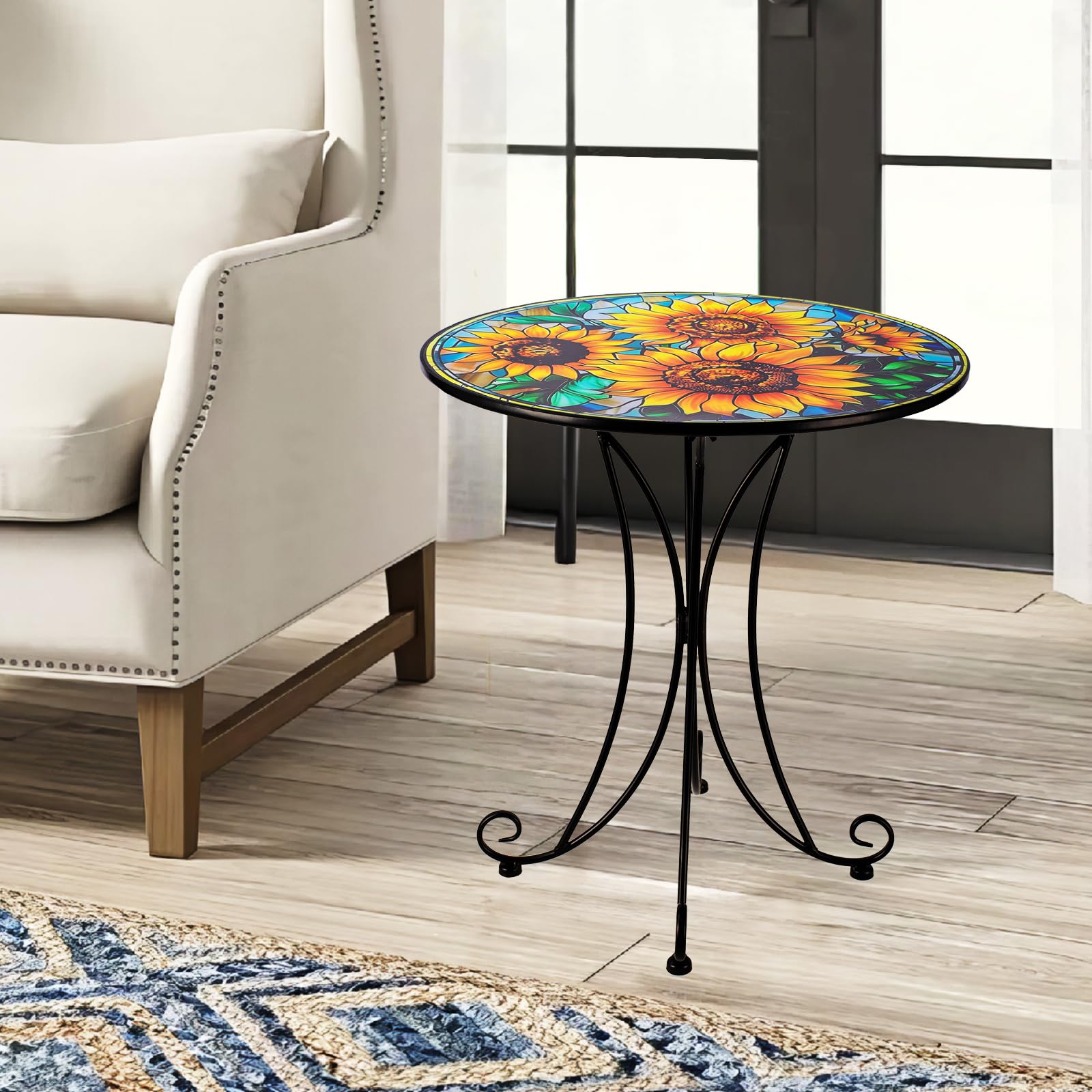 18" Sunflower Metal Accent Table, Indoor/Outdoor Small Round Table, Plant Stand