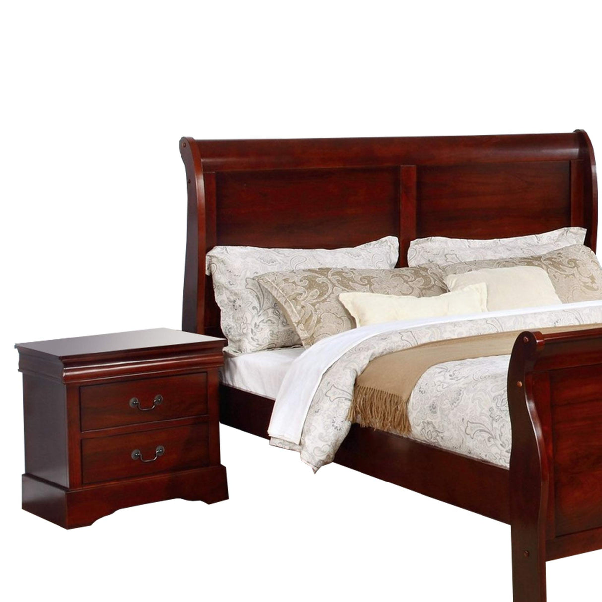 Benjara Queen Size Sleigh Wooden 5 Piece Bedroom Set, Brown