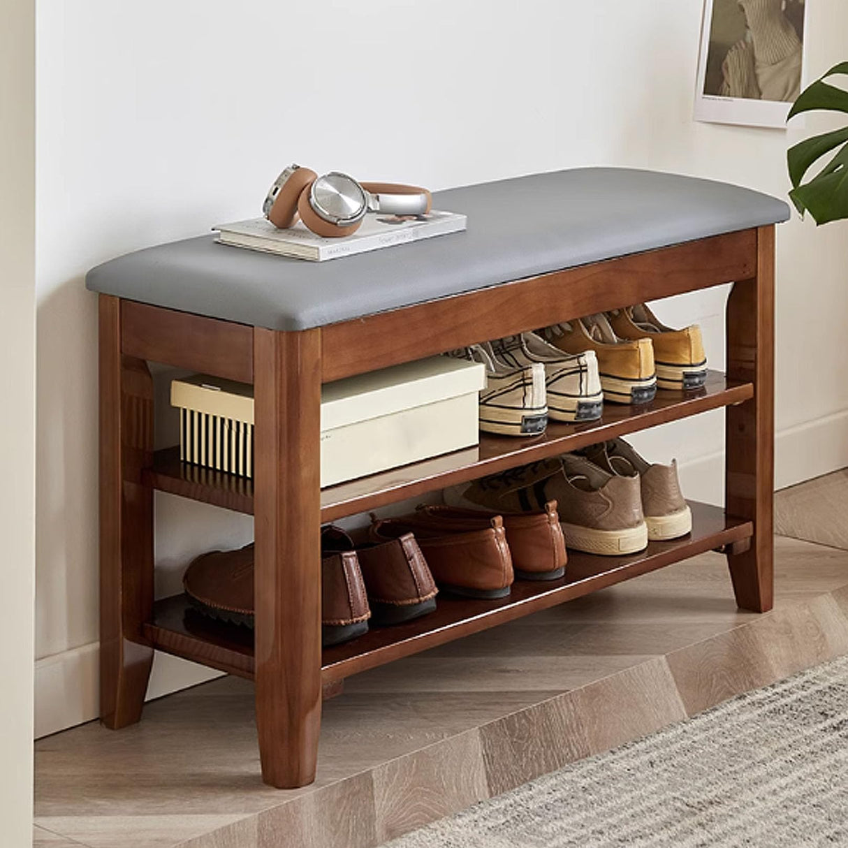 2 Tier Shoe Bench, Shoe Rack with PU Leather Padded Cushion