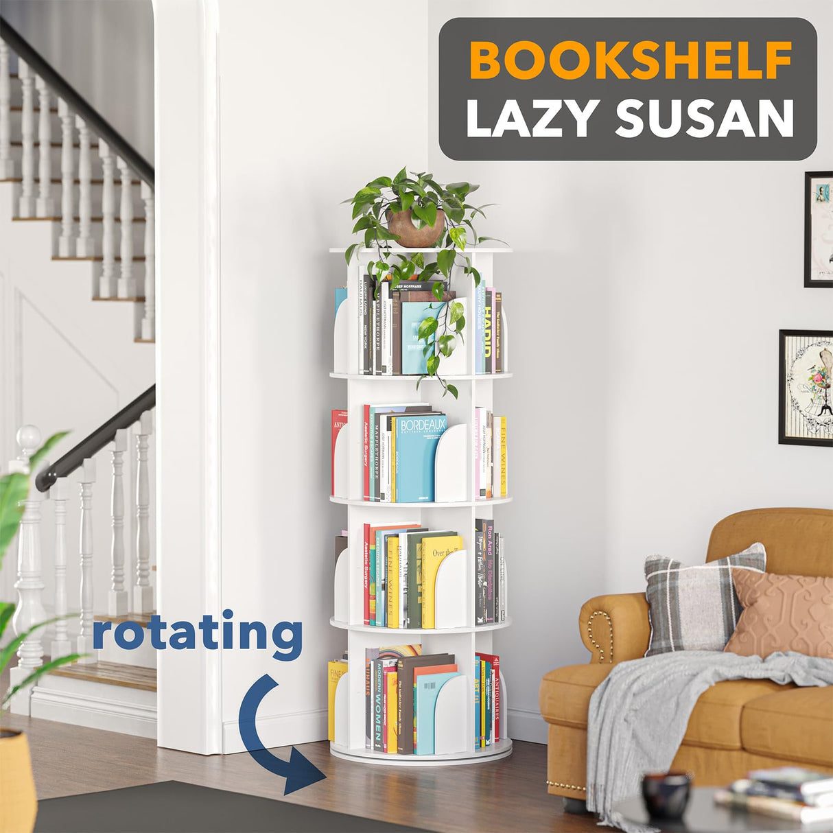 4 Tier Rotating Bookshelf Tower, Spinning Bookcase Lazy Susan,