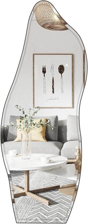 Full Length Mirror 63"x23.6" Irregular Wall Mounted Mirror, Large Asymmetrical Beveled