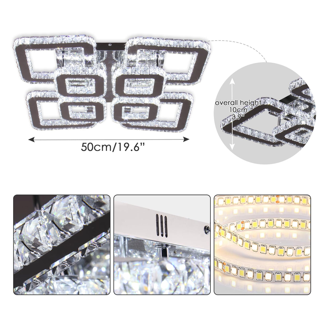 20”Crystal Chandelier Square Led Crystal Flush Mount Ceiling Light 8 Lights Modern