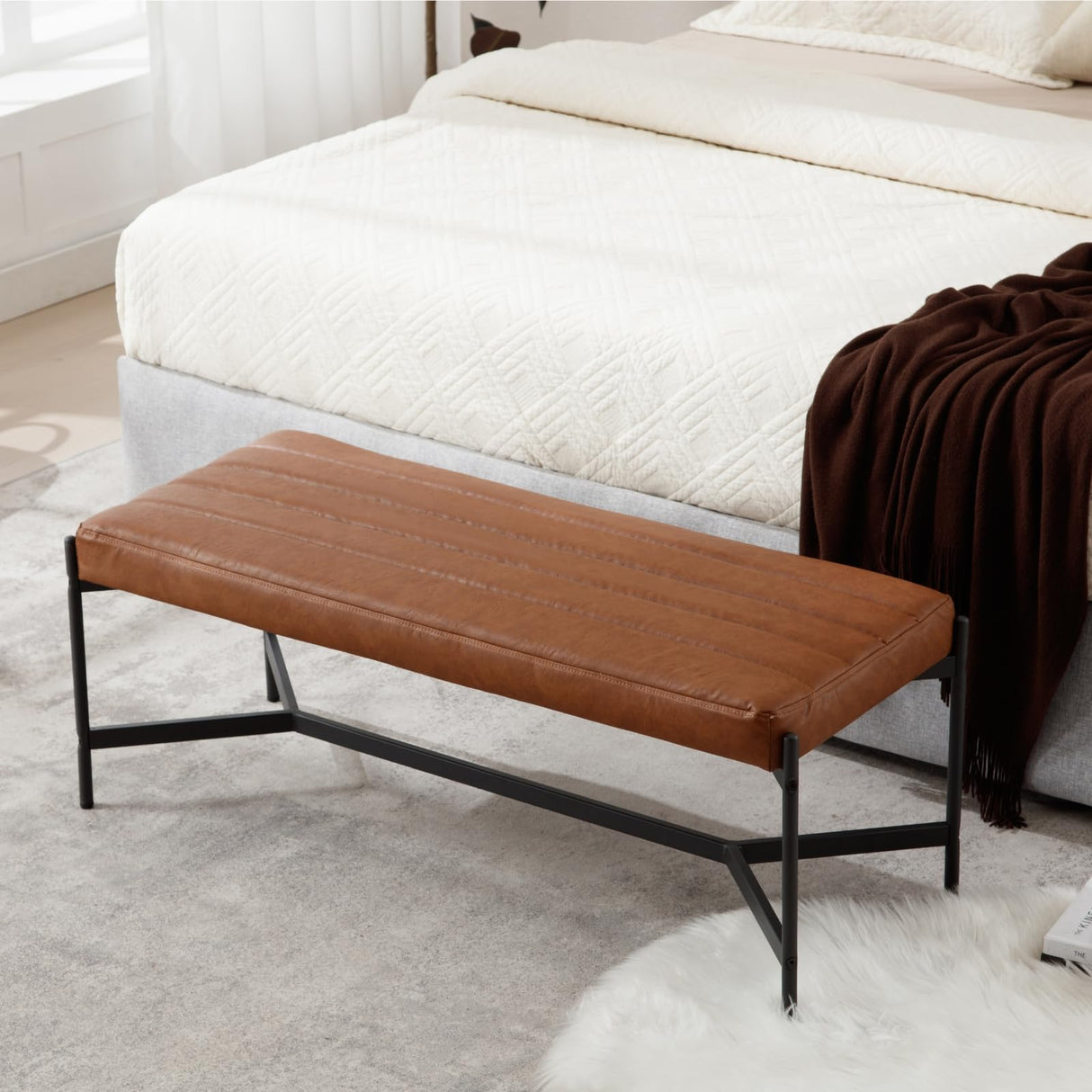 Modern Faux Leather End of Bed Bench, Upholstered Entryway Bench with Metal Legs