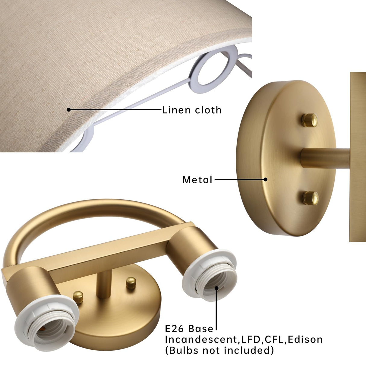 JIMUBEAM Industrial 2-Lights Wall Sconce Fixtures with Linen Fabric Shade, Double Wall Light Lamps Decor for Hallway Bedroom Living Room Bathroom Stairway