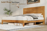 Queen Size Solid Wood Bed Frame with 48.6" High Headboard, Mid-Century Platform