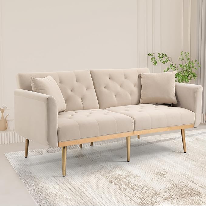 Mid-Century Modern Velvet Loveseat, Petite Accent Sofa Couch with 7 Gold Metal Legs