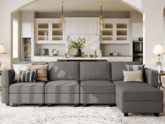L-Shaped Sofa with Storage Seat Fabric Modular Sectional