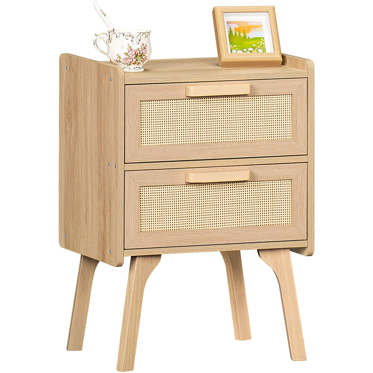 Lerliuo Rattan Nightstand, Boho Night Stand with 2 Drawers, Cane Accent Side End Table, Bedside Table with Solid Wood Legs for Bedroom, Dorm and Small Spaces (Natural)