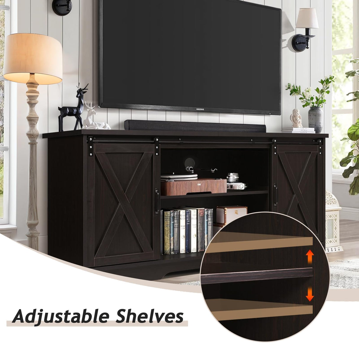 TV Stand for 65 Inch TV, Entertainment Center with Sliding Barn Door, Adjustable Storage