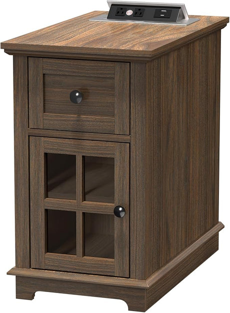 Narrow End Table with Drawer, Storage Side Table with Flip Top Fast Charging Station