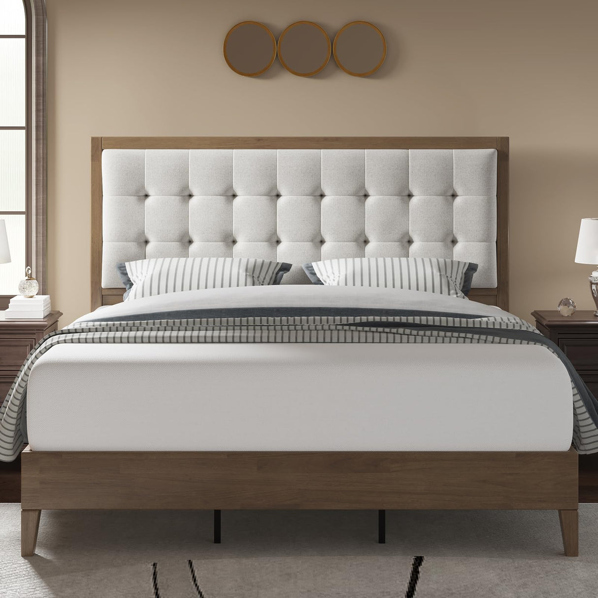 Wood Platform Bed Frame Full Size Upholstered Tufted Headboard/Solid Wood Bed No