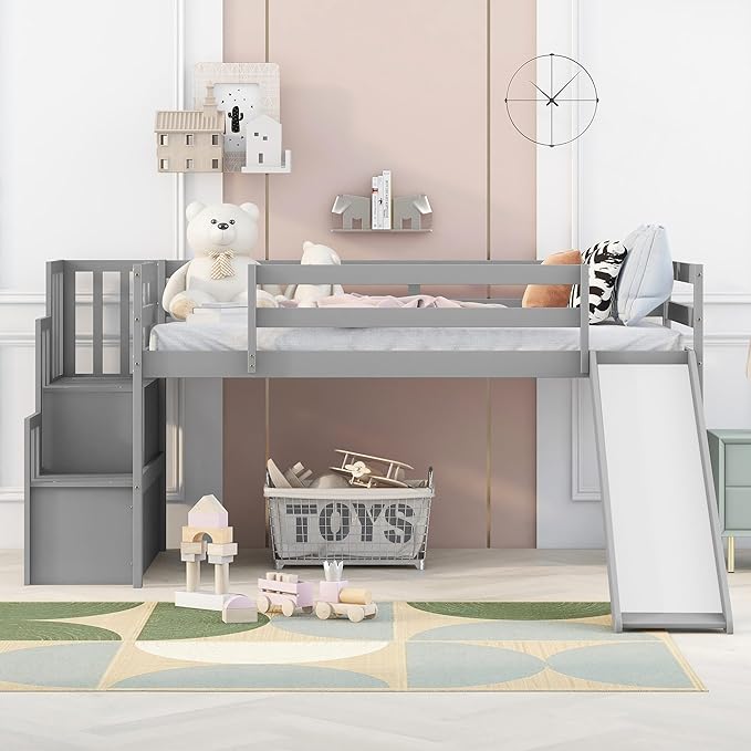 Twin Size Low Loft Bed for Kids,Loft Bed with Slide
