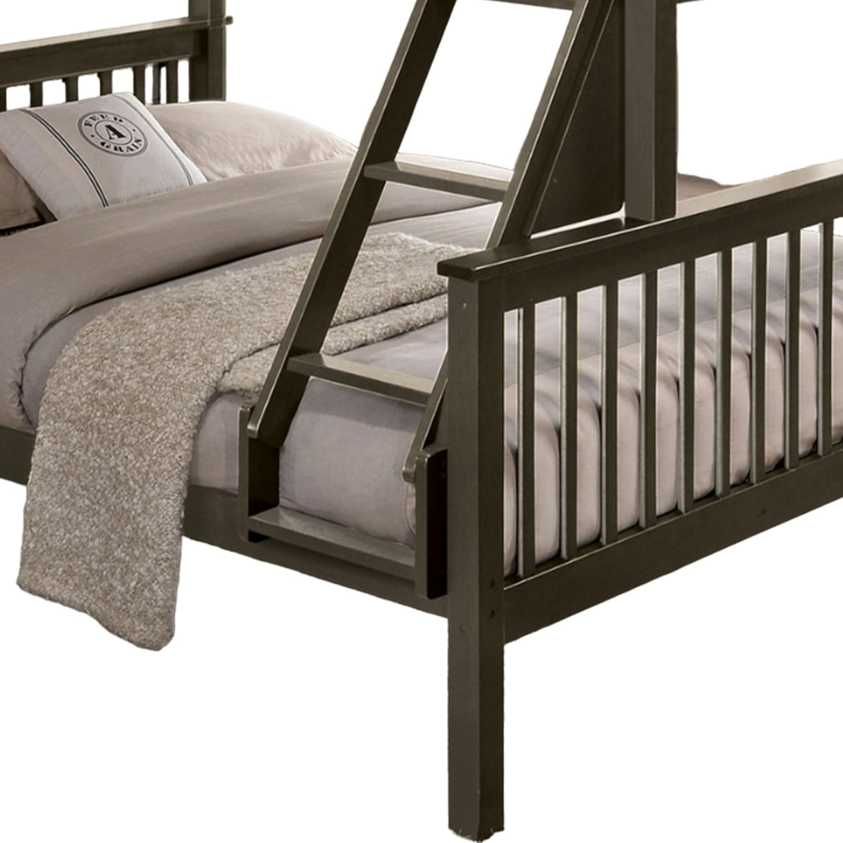 Benjara Bruke Twin/Full Size Bunk Bed with Ladder, Slatted Solid Hardwood, Taupe Gray