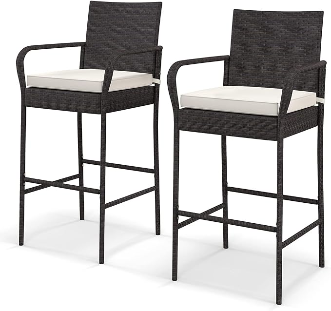 Patio Wicker Barstools Set of 2, Outdoor PE Rattan Bar Chairs with Armrests & Soft Cushiontables