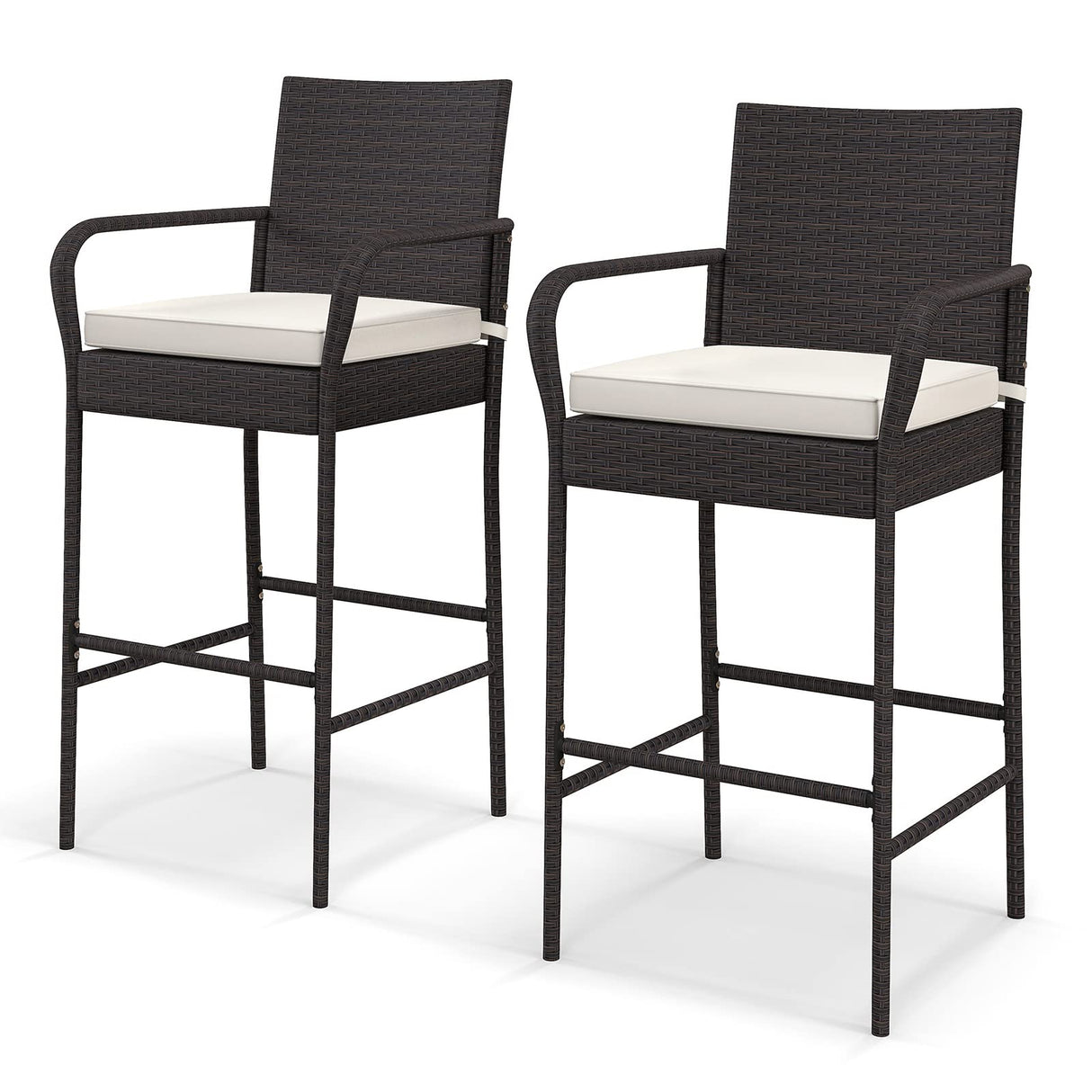 Patio Wicker Barstools Set of 2, Outdoor PE Rattan Bar Chairs with Armrests & Soft Cushiontables