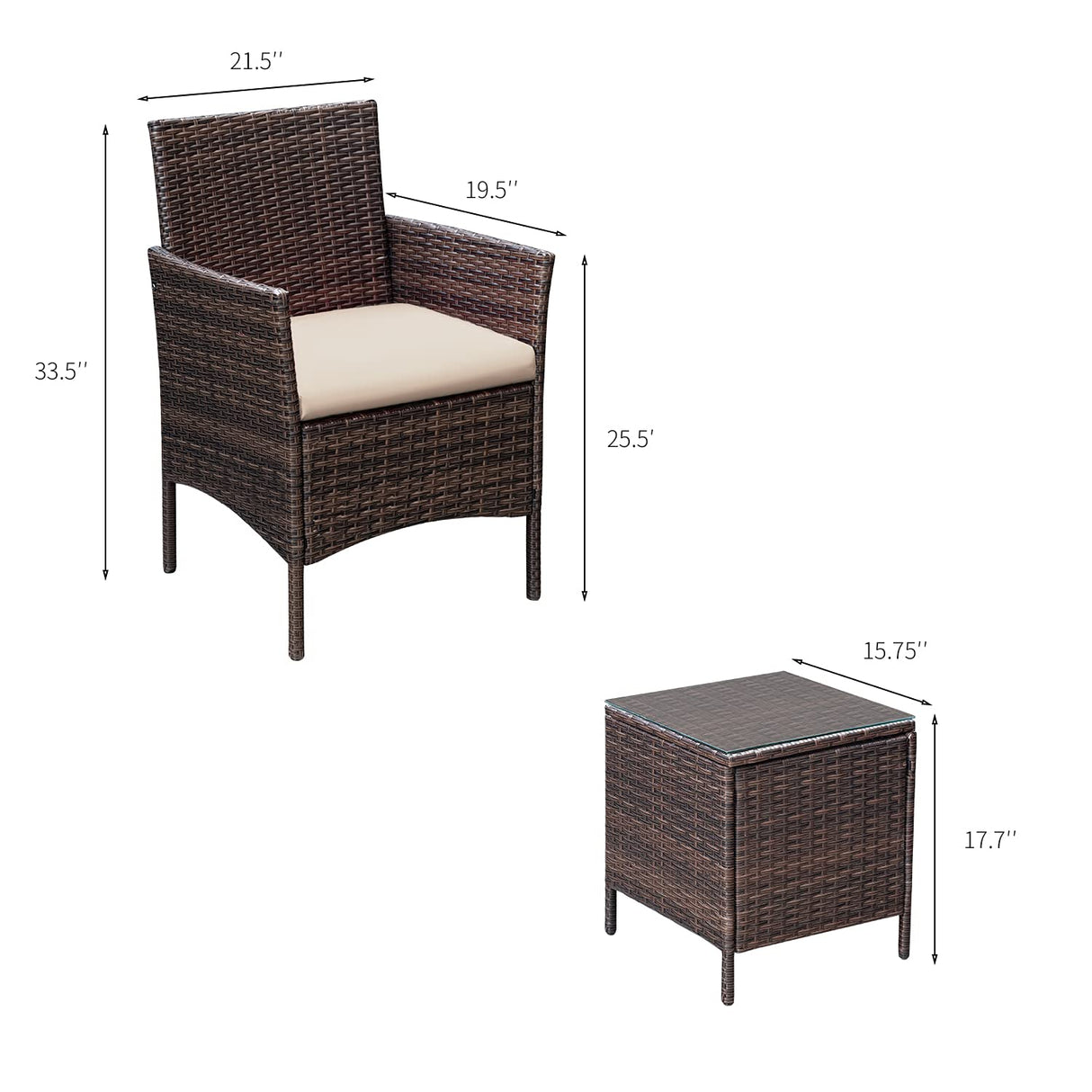 Patio Furniture Sets Outdoor PE Rattan Wicker Chairs with Soft Cushion and Glass