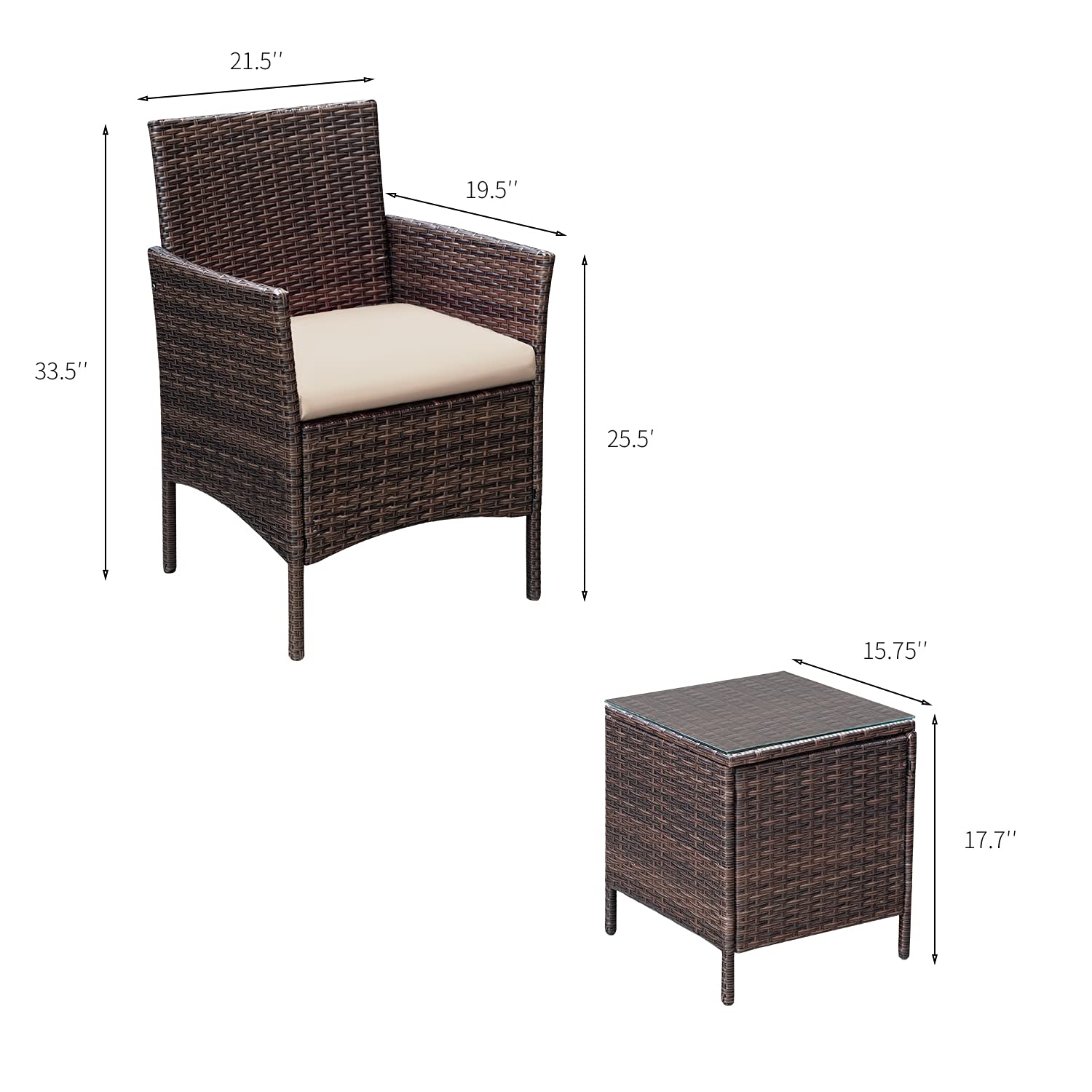 Patio Furniture Sets Outdoor PE Rattan Wicker Chairs with Soft Cushion and Glass