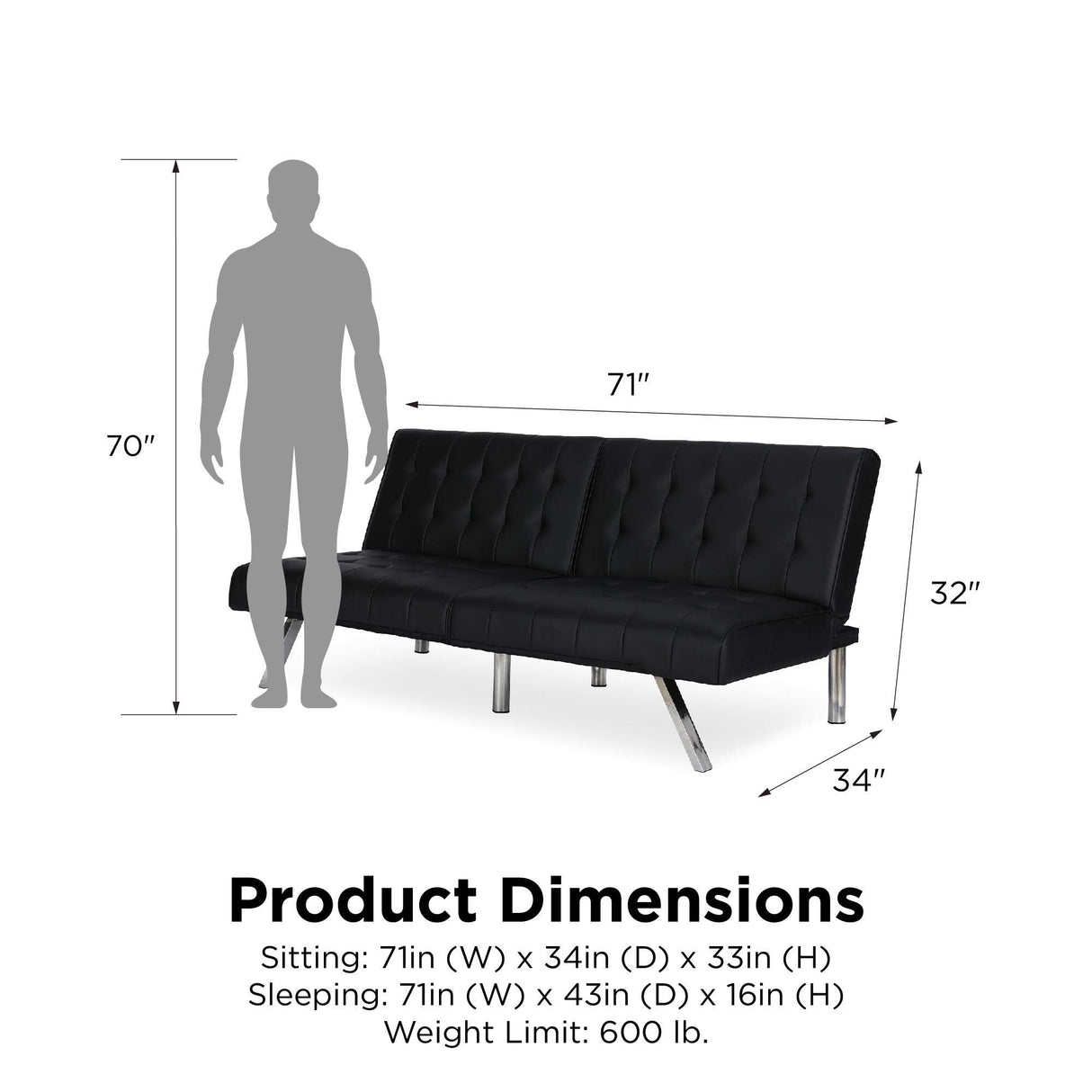 Emily 71 Inch Futon Sofa Bed, Armless Upholstered Couch Sleeper with Tufted Back and Seat