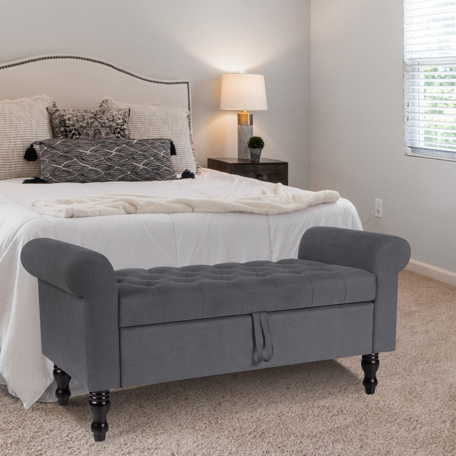 Storage Bench with Upholstered Rolled Arm Ottoman Bench