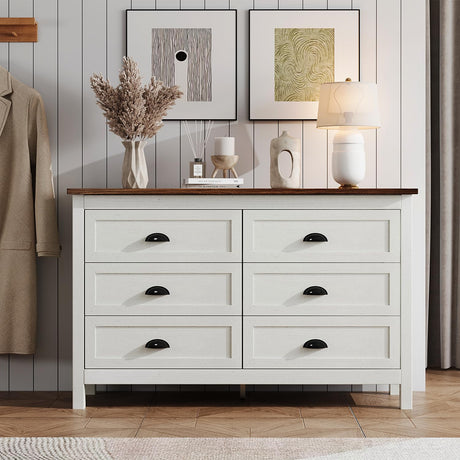 White Dresser for Bedroom, Modern 6 Drawer Double Dresser for Bedroom with Vintage