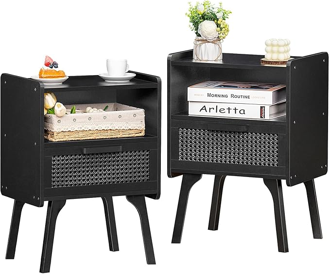 Rattan Nightstands Set of 2, Boho Side Table with Drawer Open Shelf