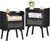 Rattan Nightstands Set of 2, Boho Side Table with Drawer Open Shelf