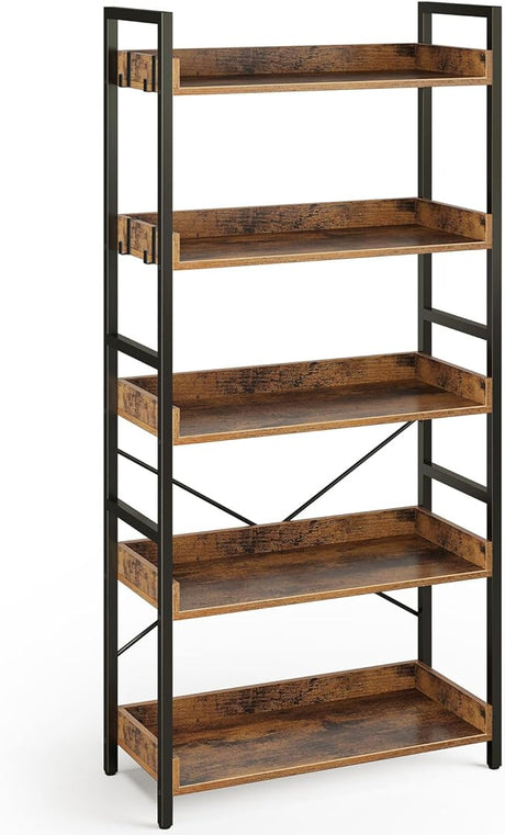 Bookshelf 6 Tier with 4 Hooks, Industrial Bookcase, Vintage Storage Rack with