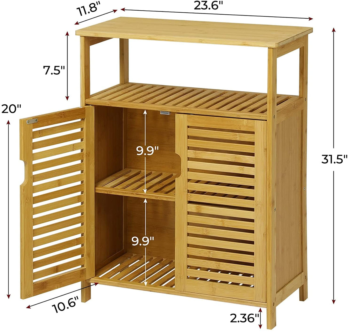 Bathroom Floor Cabinet, Bamboo Storage Cabinet with Doors and Open Shelves