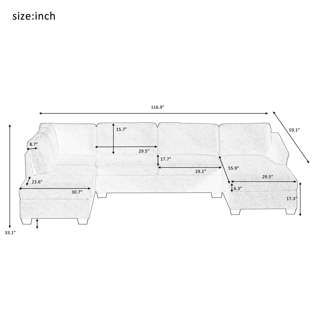 Shape Sectional Sofa, Double Extra Wide Chaise Lounge Couch, Beige