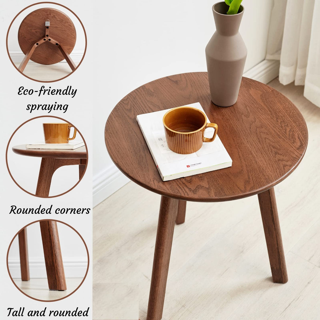 Accent Side/End Table - 100% Solid Oak Wood with 3 Legs Design - Small Round Side Table