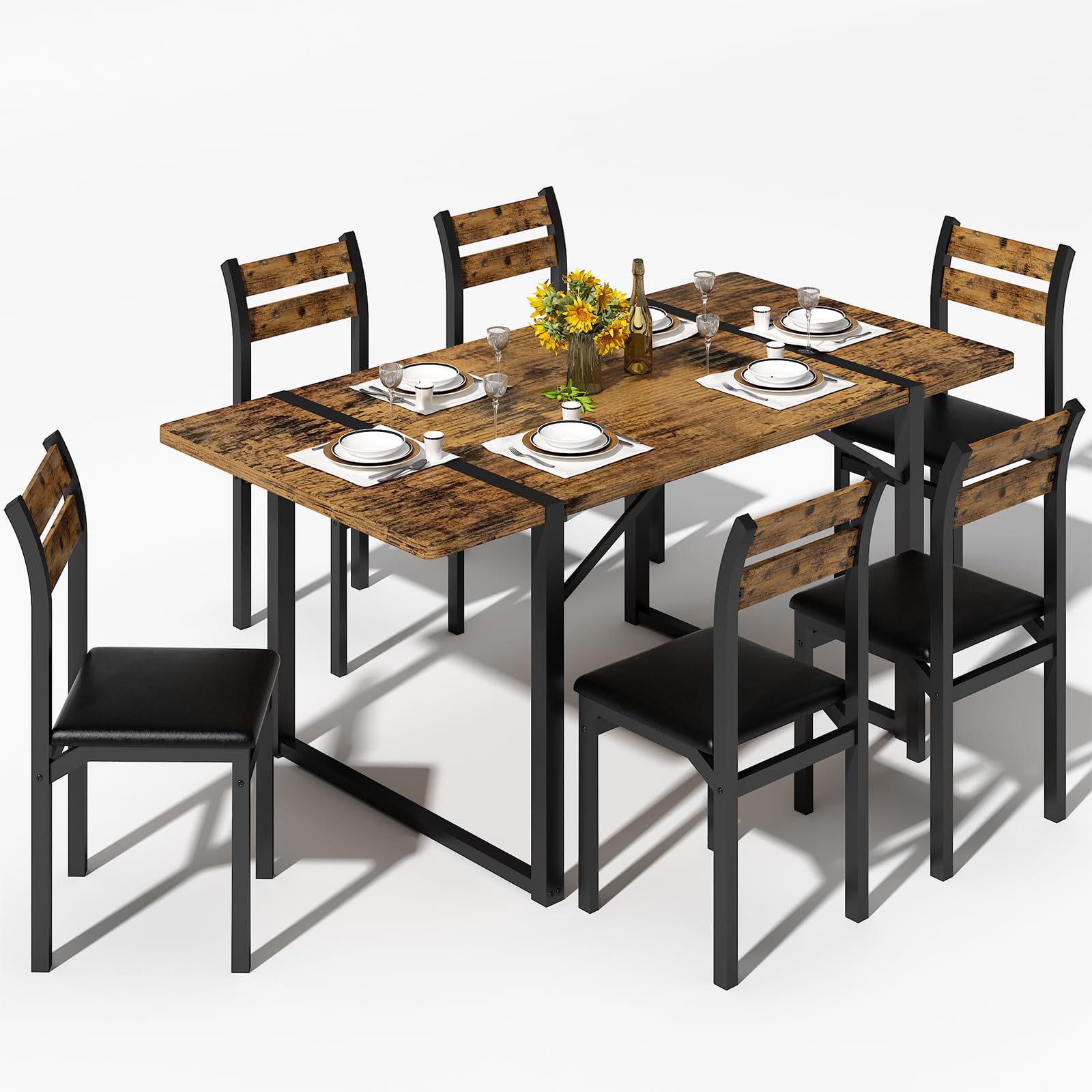 7-Piece Dining Table Set with Upholstered Chairs - 55" Farmhouse Style