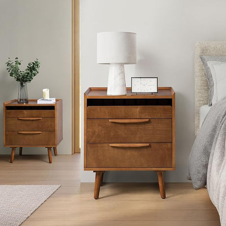 Nightstand with Charging Station, Mid-Century Modern 2 Drawer and Open Shelf Bedside