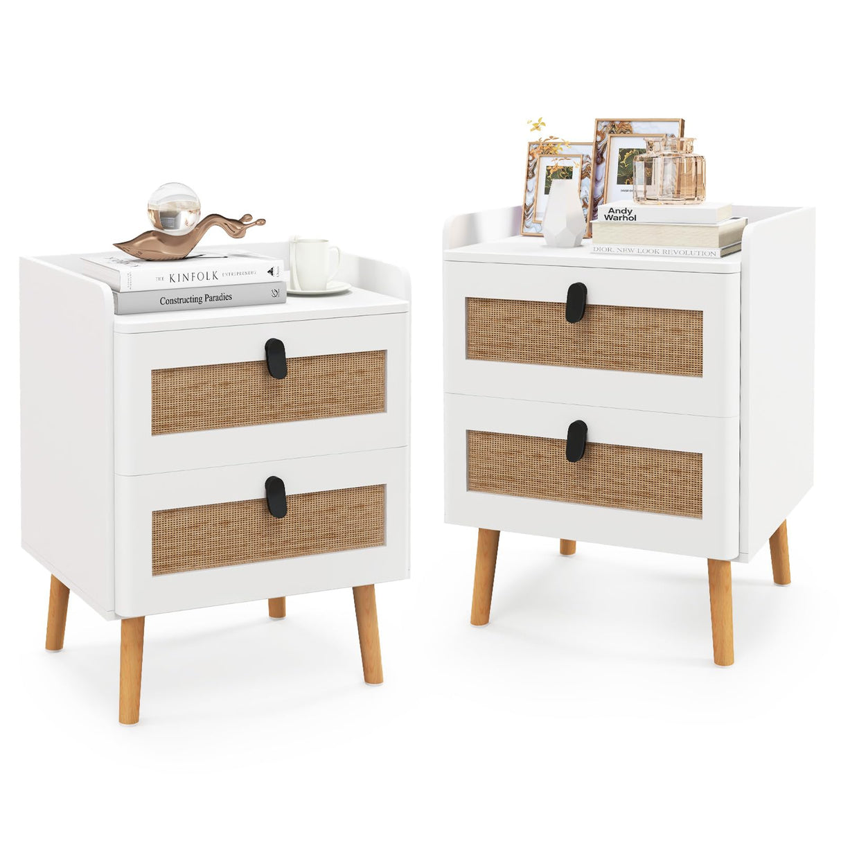 Rattan Nightstand Set of 2, Boho Side Table with 2 Rattan Drawers & 4 Solid Wood Legs,