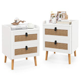 Rattan Nightstand Set of 2, Boho Side Table with 2 Rattan Drawers & 4 Solid Wood Legs,