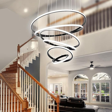 6 Ring Chandelier for High Ceiling with Remote Control, Black LED Chandelier Brightness