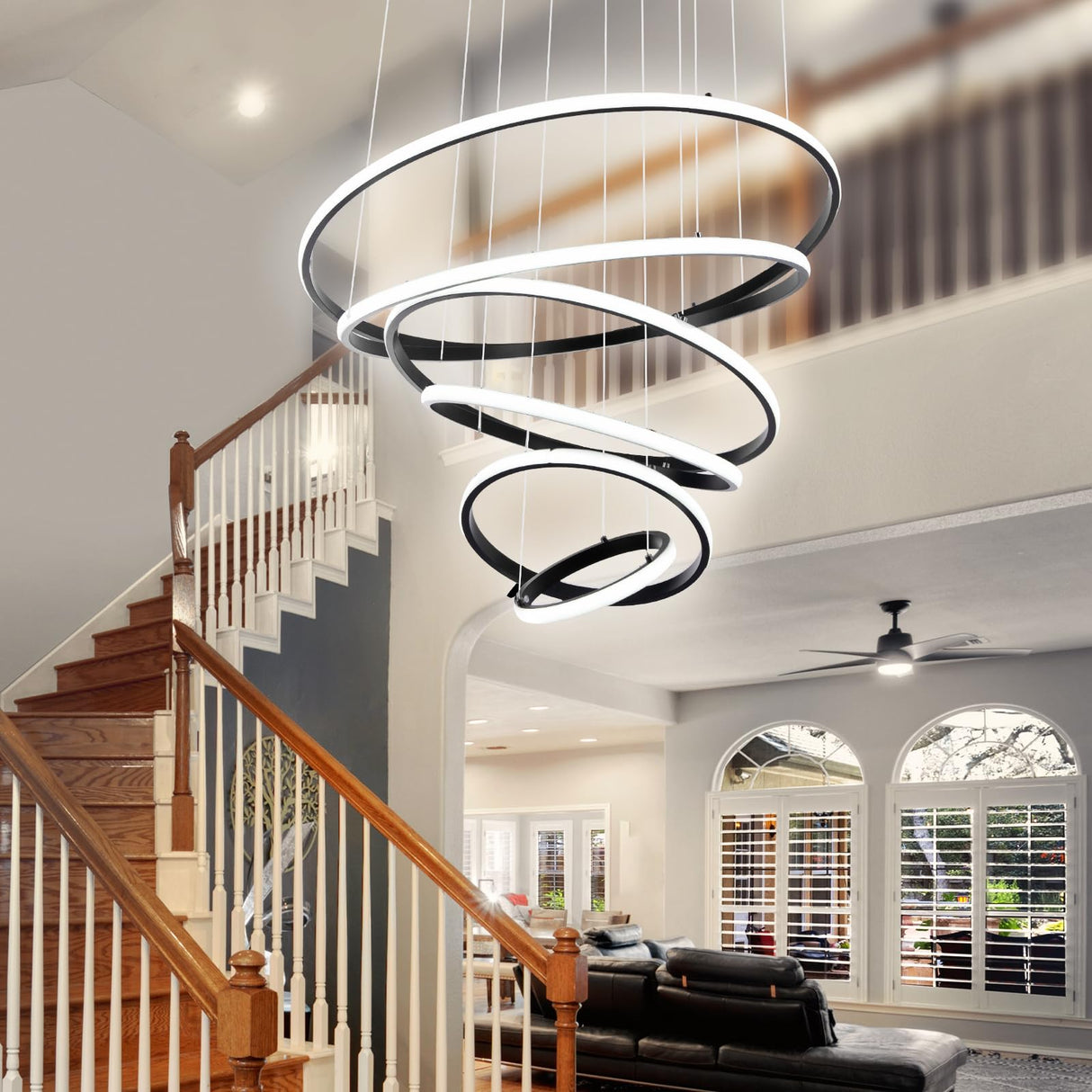 6 Ring Chandelier for High Ceiling with Remote Control, Black LED Chandelier Brightness