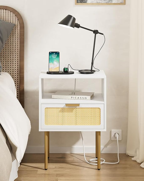 Rattan Nightstand with Charging Station, 2 Drawer Dresser for Bedroom