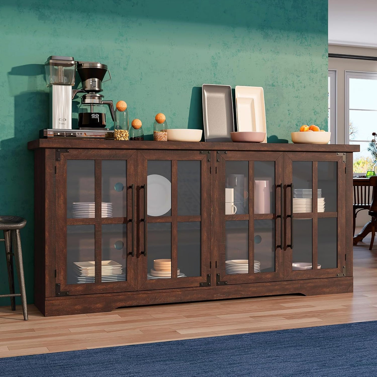 Farmhouse TV Stand with 4 Glass Doors, Modern Buffet Sideboard Cabinet