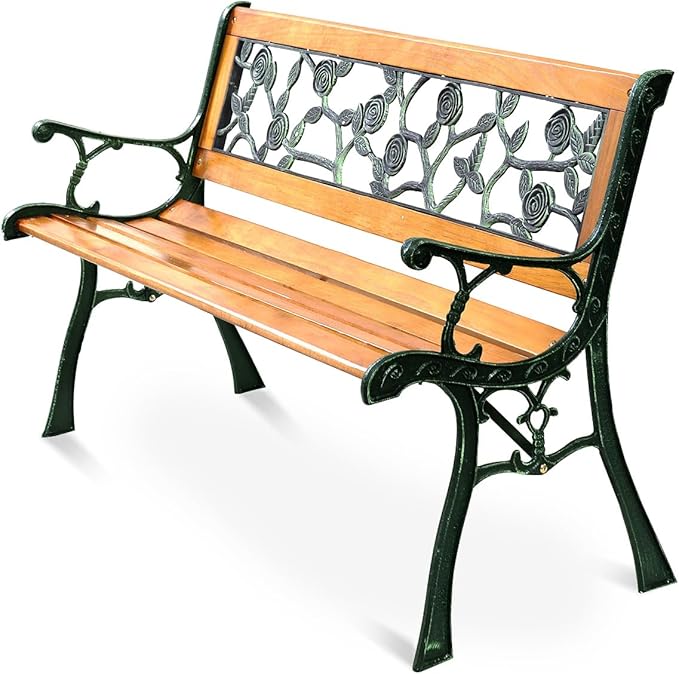 Outdoor Garden Bench, Patio Bench with Large Rose Cast Backrest & Comfort Wood Seat