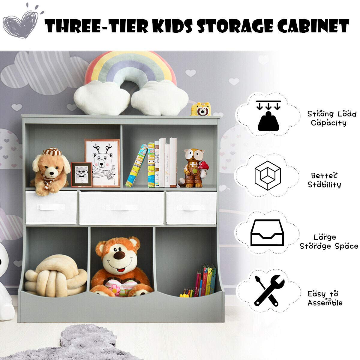 3-Tier Kids Bookcase Toddler Storage Organizer Cabinet Shelf w/ 8 Compartment