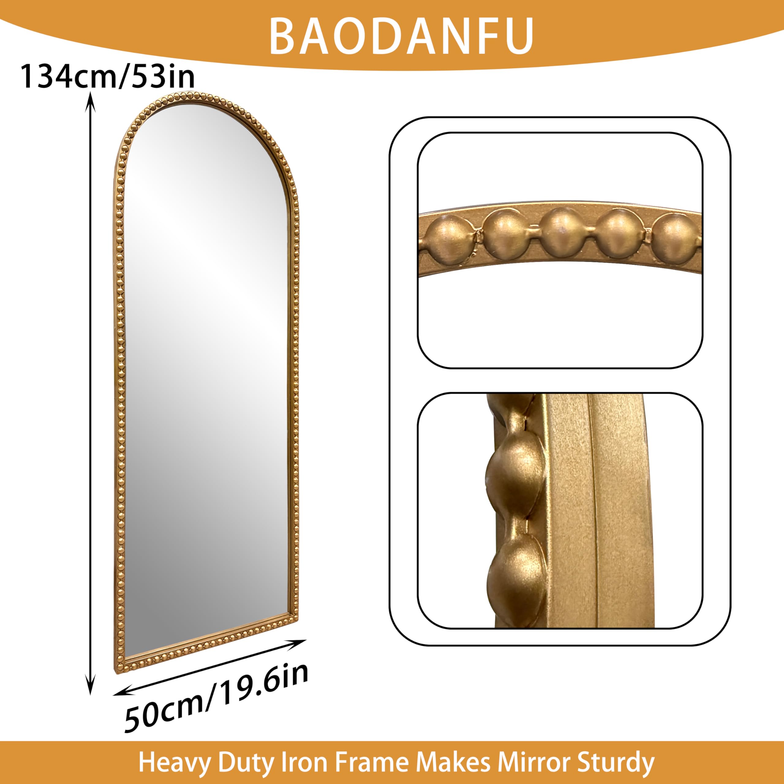 Vintage Gold Arch Floor Mirror 20"x53" - Full Length Wall Mirror with Beaded Metal Frame