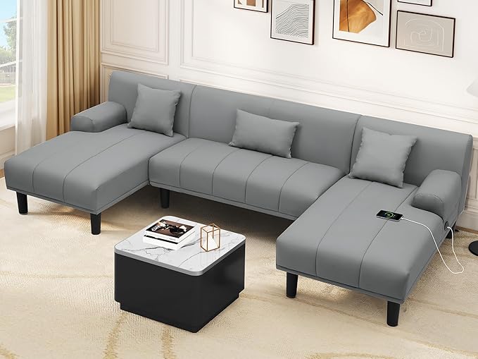 Sectional Couches for Living Room, U Shaped Sofa Faux Leather Modular Couch with USB
