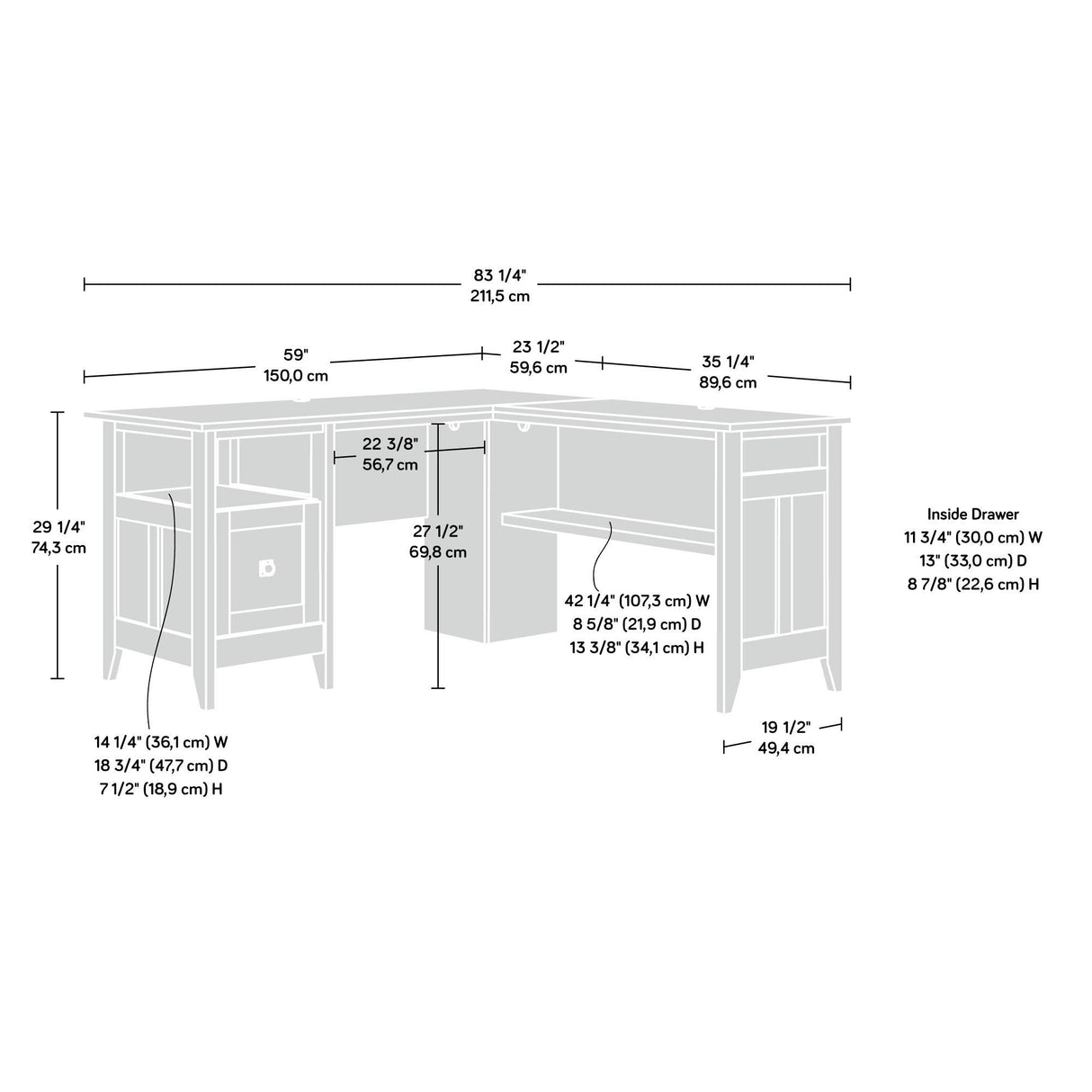 August Hill L-Shaped Desk, L: 59.06" x W: 58.74" x H: 29.25", Dover Oak finish