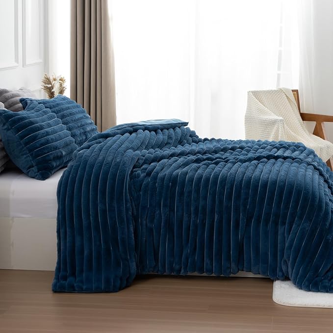 Night Stripes Fleece Queen Comforter Set -Super Soft & Warm Fluffy Bedding