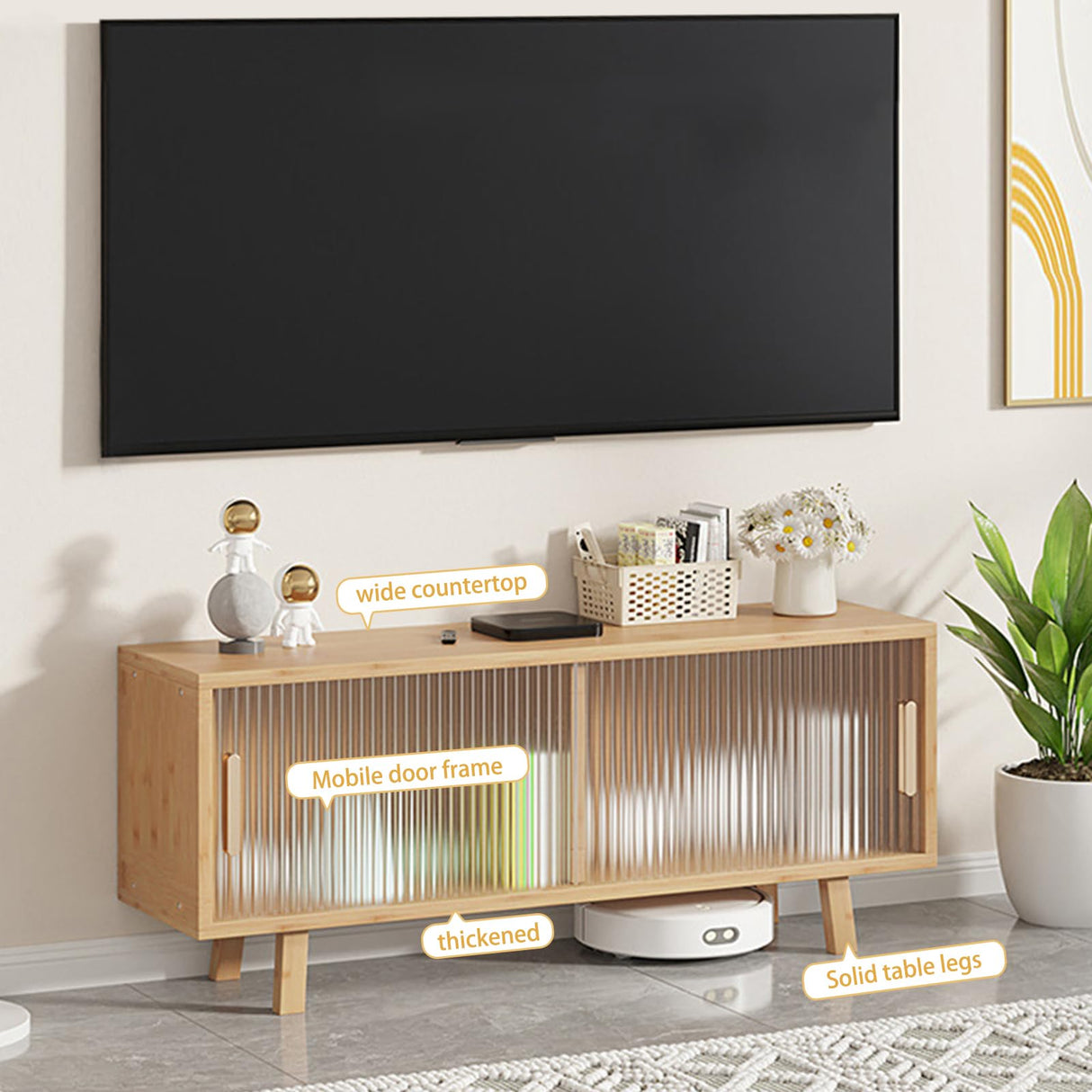 39.4" Small TV Stand for TV, Bamboo Entertainment Center with 2 C