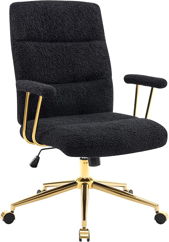 White Boucle Office Chair with Gold Base - Height Adjustable Desk Chair